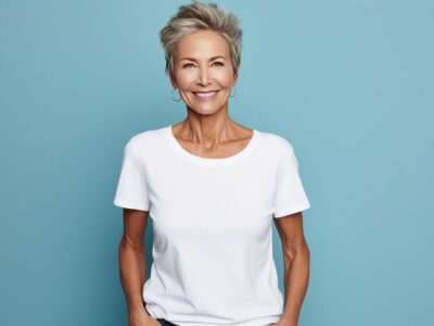 Close up of a 50s middle age woman smiling and wearing a white t-shirt on a turquoise background. Healthy face skin care beauty, skincare cosmetics, dental.